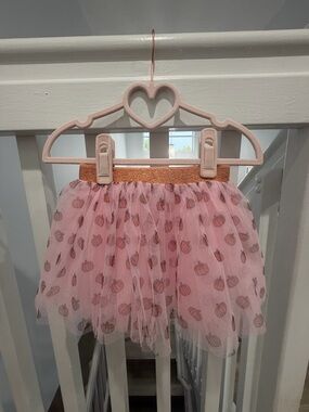 Mud Pie Pink Tulle Skirt with Pumpkin Print and Glitter Waistband 3-5T
